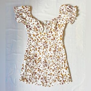 Sky to Moon Ruched Mini Dress Puff Sleeve Tie Front Brown Ditsy Floral boho M